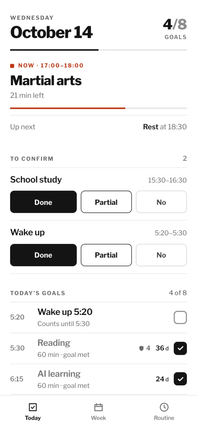 Tela Today do Habits Tracker com a atividade atual e os hábitos do dia